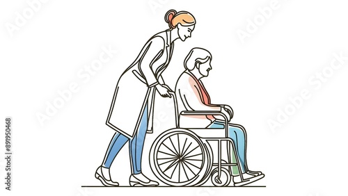 Continuous drawings of a medical professional helping a retired old woman granny with transfer assistance. Wellness and Graphic Illustration concept.