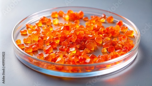 Vibrant orange Realgar crystals, arsenic sulfide, in a petri dish, against a neutral background, originating from China's mineral deposits.