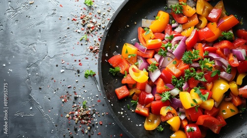 cooking vegetables, sauted vegetable medley creating a delicious aroma in a hot pan, perfect for an appetizing and colorful dish against a neutral background for text placement