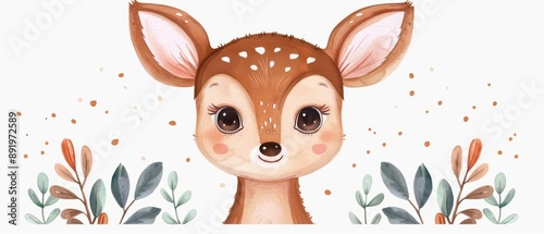 A cute deer with gentle eyes in a watercolor style, kawaii, isolate on white background