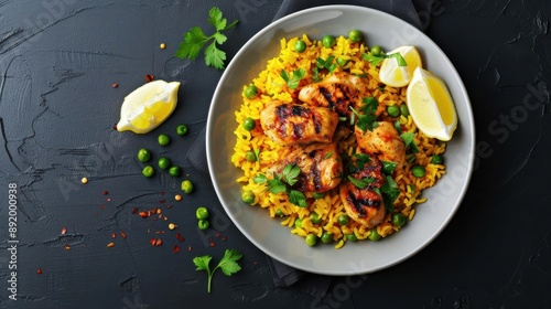 Arroz con pollo with saffron rice and peas