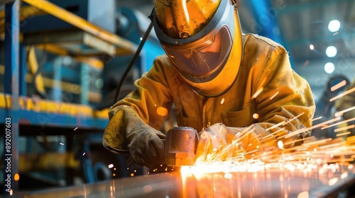 Worker with protective gear grinding steel, close-up, safety in metalworking