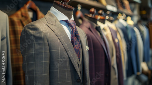 紳士服店の店内に並ぶビジネススーツのイメージ背景_Background of an image of business suits lined up inside a men's clothing store