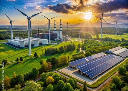 A serene landscape with wind turbines and solar panels powering a factory, surrounded by lush greenery, symbolizing eco-friendly production and reduced carbon emissions.