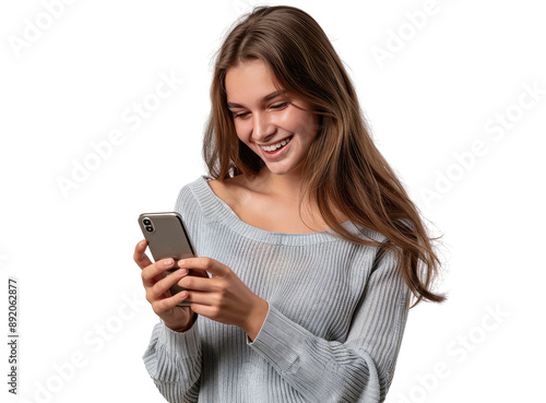 A portrait of a young Caucasian woman looking at her mobile phone and smiling, isolated in a transparent background. Cut out or PNG.