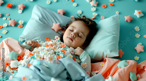 A beautiful little girl is sleeping soundly on a bed of pastel-colored flowers