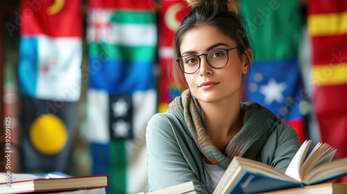Young woman linguist with glasses reading a book, surrounded by international flags in the background. Education, international studies, cultural exchange, global learning, diversity in education.