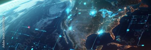 Digital Transformation of North America: A Vibrant Digital Mosaic Replacing Traditional Elements with Digital Infrastructure and Communication Networks.