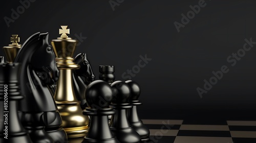Golden King Chess Piece Stands Tall Among Black Chess Pieces on Dark Background