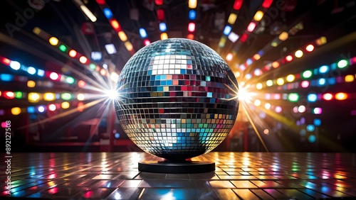 Shimmering disco ball illuminating dance floor with colorful lights, perfect for party decor. Generative AI