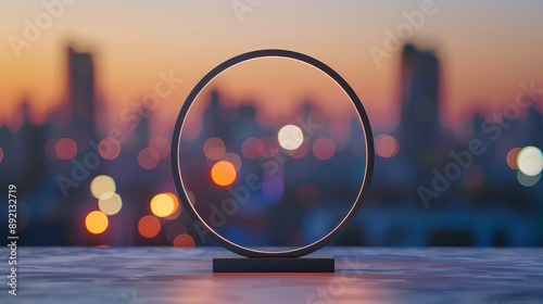 A minimalist circular metal stand set against an evening city backdrop with soft bokeh, perfect for advertising accessories, smartphones, and costume jewelry.