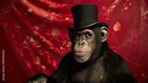 monkey as a circus ringleader, with a top hat against a red velvet backdrop