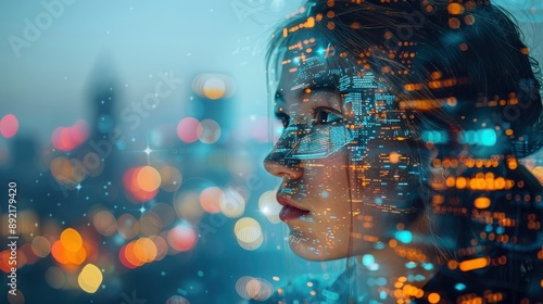 Close-up of a young woman using a digital tablet with a cityscape in the background