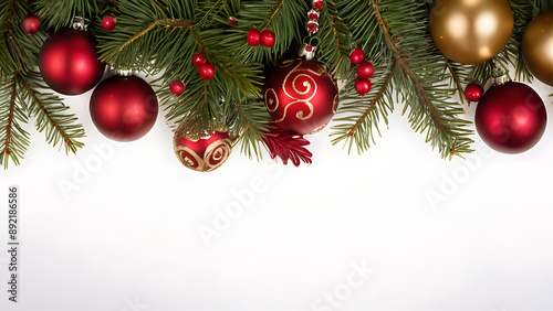 Frise, décorations de Noël avec des boules rouges, dorées sur des branches de pin vert, ornées de baies rouges