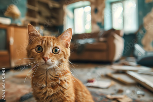 Orange tabby cat sitting in a messy room