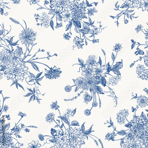 Seamless floral pattern in blue with bouquets of flowers. Vector botanical illustration.