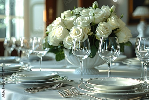 Elegant dining table set with white plates, crystal glasses, and a large bouquet of white roses.