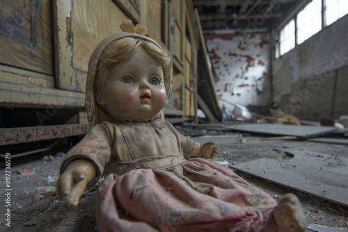 Vintage Dolls In Dilapidated Interior: Eerie Antique Toys For Horror Film Props Or Nostalgic Photography Projects