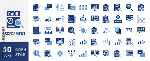 Assessment glyph icons set. Audit, analysis, plan, evaluation, result and goal. Vector illustration