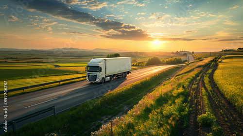 A white truck travels on a road through a countryside field as the sun set