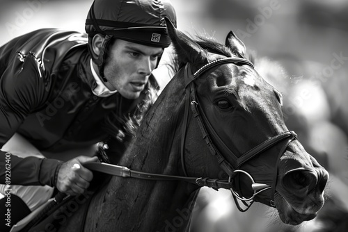 Black and white image of a male jockey riding a horse during a race. Concept of horse racing, competition, speed, athlete