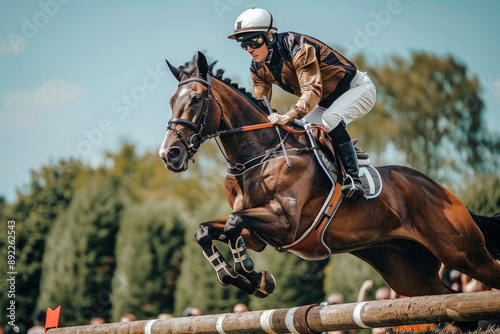 Caucasian male equestrian rider on a brown horse jumping a hurdle in an outdoor competition. Concept of horse riding, equestrian sports, athletic men, competitive events