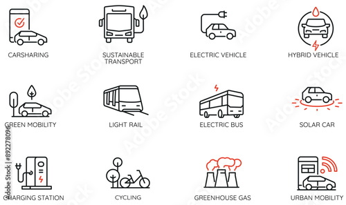 Vector Set of Linear Icons Related to electric city transport for smart urbanization, modern urban mobility and sustainable transport. Mono line pictograms and infographics design elements