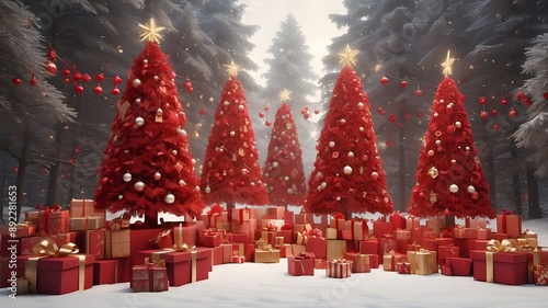 Christmas trees decorated with red and gold garlands, surrounded by red boxes filled with gifts, and a forest filled with star-shaped snowflakes An example of generative AI