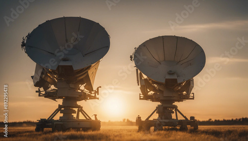 An air defense radar system set against a backdrop of a golden sunset, with long shadows stretching 