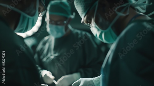 A surgeon in an operating room, fully scrubbed and wearing surgical gear, performing a delicate procedure with a team of nurses and assistants