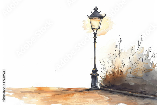 A watercolor painting of a single streetlight in a park. Children's Book Illustration