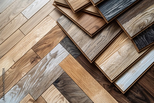 Selection of natural tone parquet and laminate floor samples set against an oak wood backdrop.