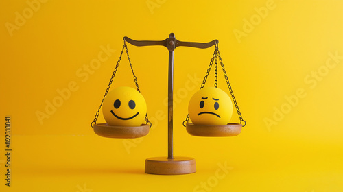 happy and sad smiley face emojis on a balance scale - on a yellow background. 