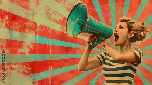 Set against a vivid, abstract sunburst background, this fun vintage-style graphic features a woman in stripes shouting into a turquoise megaphone about wild promotions.