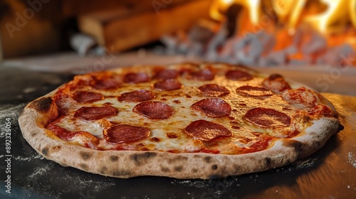 A freshly baked pepperoni pizza with a crispy crust, sitting on a black stone surface, with a wood-fired oven in the background.