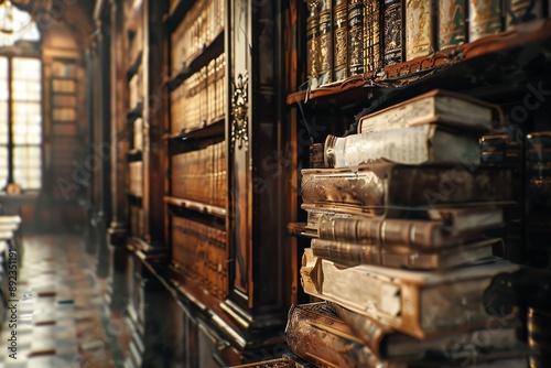 A stack of antique books on a shelf in a grand library with aged wood. The books are bound in leather and have aged, yellowed pages.