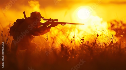 Silhouette of a soldier aiming a rifle in a fiery field. The soldier is a powerful and dramatic image. This is a high-quality stock photo for your next project.