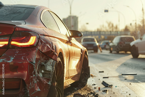 Damaged vehicle on city street. Close-up of car with damage after road traffic accident caused by dangerous driving at high speed