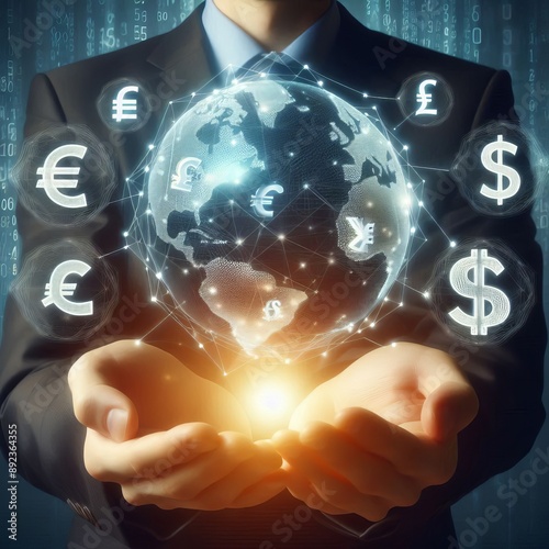 146 Global currency exchange concept, Businessman holding virtua