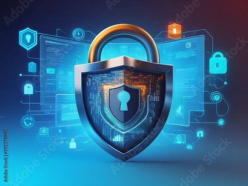 Padlock shield digital background with blue glowing circuitry. Ideal for cybersecurity concepts, technology themes, and digital protection designs.