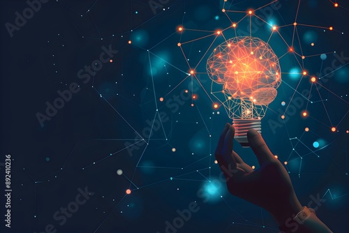 Businessman holding a light bulb with a brain hologram and digital network on a dark background, depicting a technology concept for an artificial intelligence business idea or innovation in modern mar