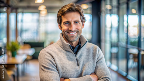 Portrait of a happy man in his 30s dressed in a comfy fleece pullover isolated in sophisticated corporate office background