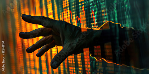 The Fickle Hand of the Market: A hand casting a shadow on a market graph, with fingers pointing to trends