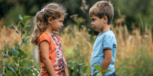 A little boy and girl facing each other with matching angry expressions, their brows furrowed and mouths downturned, portraying a moment of disagreement or conflict between them.