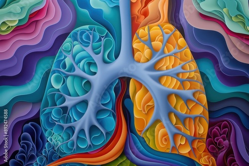 A vibrant abstract artwork depicting lungs with colorful patterns and intricate designs, symbolizing respiratory health.