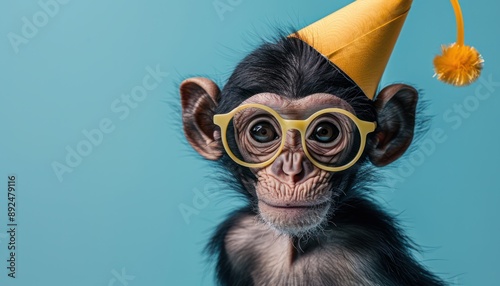 Cute Chimpanzee Wearing Party Hat and Glasses, Adorable Animal Celebrating Birthday Party Fun, Festive Animal Images