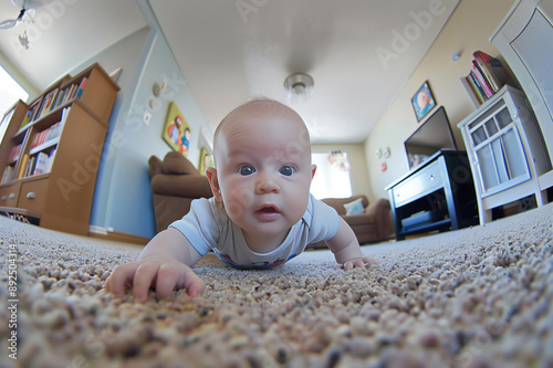 Little baby learning how to crawl at home, seen on the screen of baby monitor