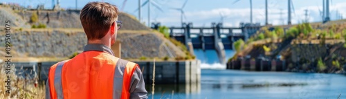 Engineer wearing an orange safety vest inspecting a hydroelectric dam with wind turbines in the background on a sunny day.