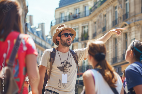 Male tourist guide showing European city to the group of tourists