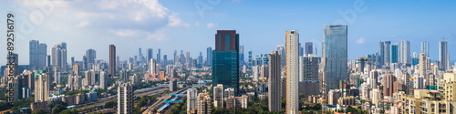 Panorama of Mumbai's skyline on a sunny summer afternoon, spanning from Wadala to Worli